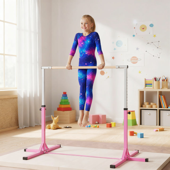 Gymnastikstang til børn, højdejusterbar vandret stang, vandret stang til indendørs og udendørs brug, lavet af træ og robust stålkonstruktion, lasteevne op til 75 kg, til børn fra 3 år, lyserød
