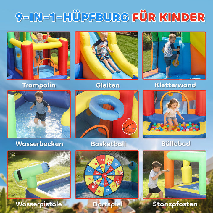 9-i-1 hoppeborg med blæser og sikkerhedsnet, lasteevne op til 120 kg, til alderen 3-8, 330x290x185 cm, flerfarvet