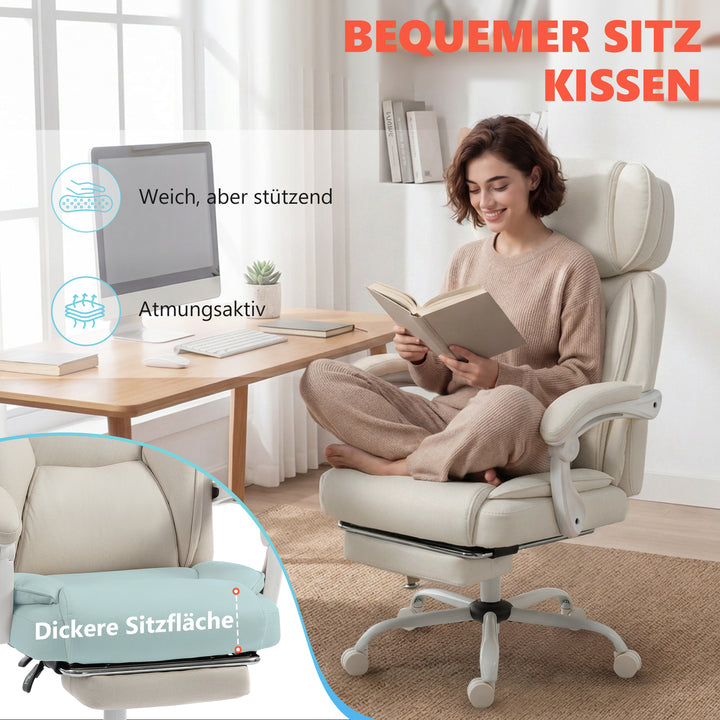 Kontorstol med høj ryg, vibrationsmassage og varme, ergonomisk, vipbar, med fodstøtte, cremehvid