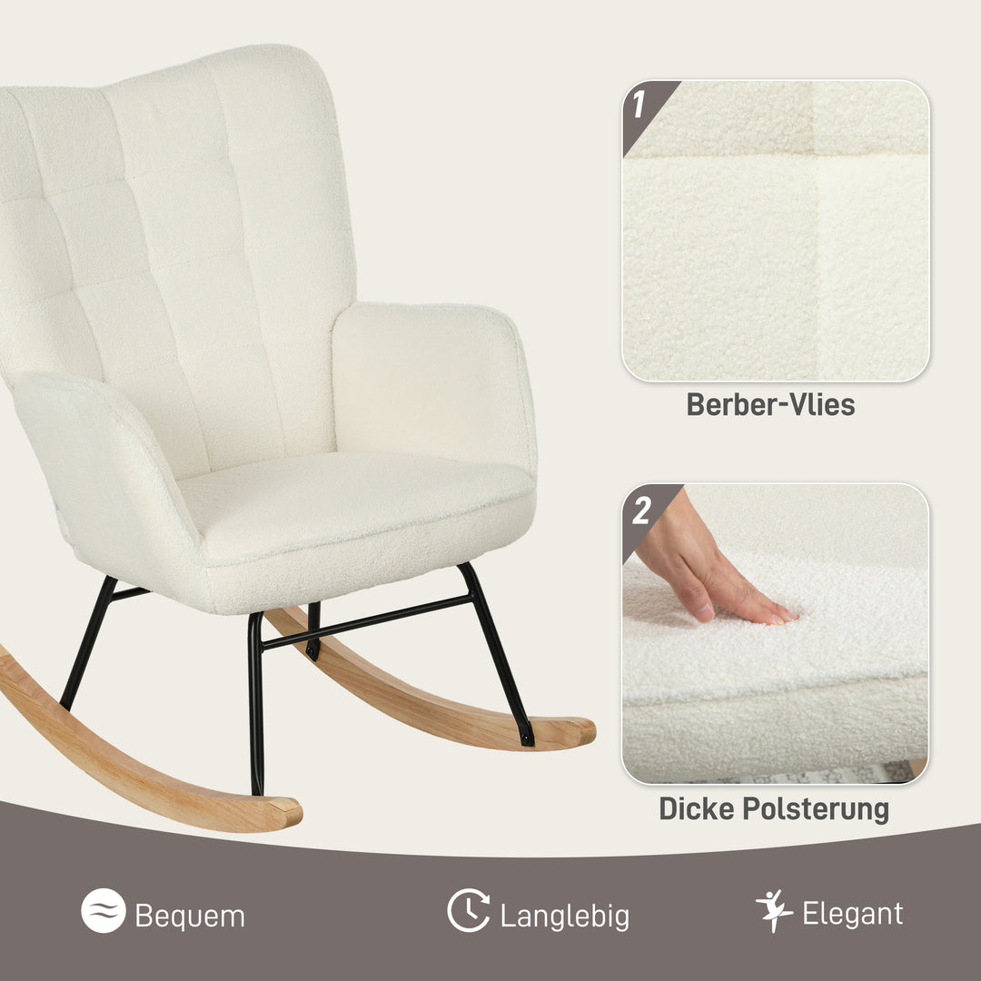 Gyngestol i fleece-look med armlæn, ergonomisk lænestol med træbase, til stue, soveværelse, hvid