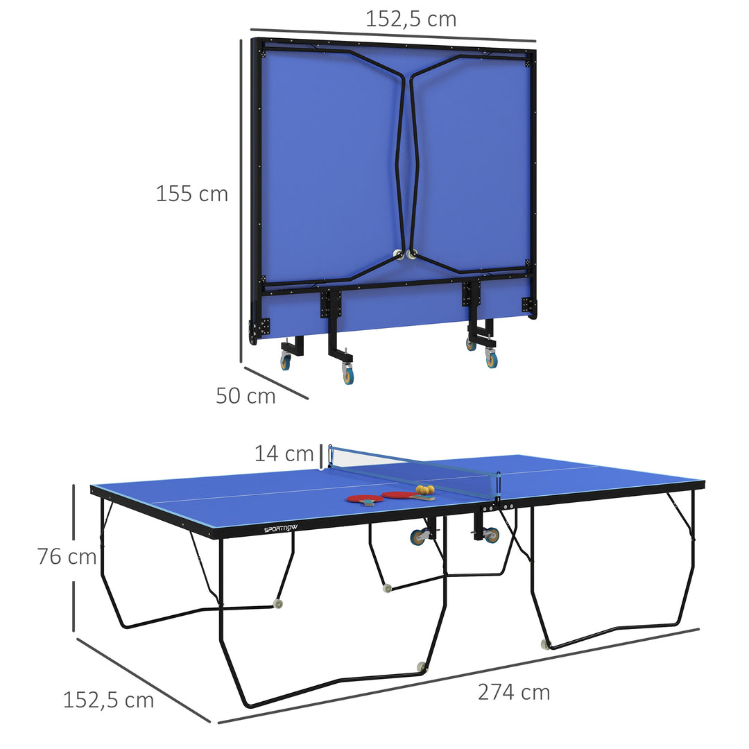Bordtennisbord, foldbart, 8 hjul, pulverlakeret stålramme, mdf, 274 x 152,5 x 76 cm, blå