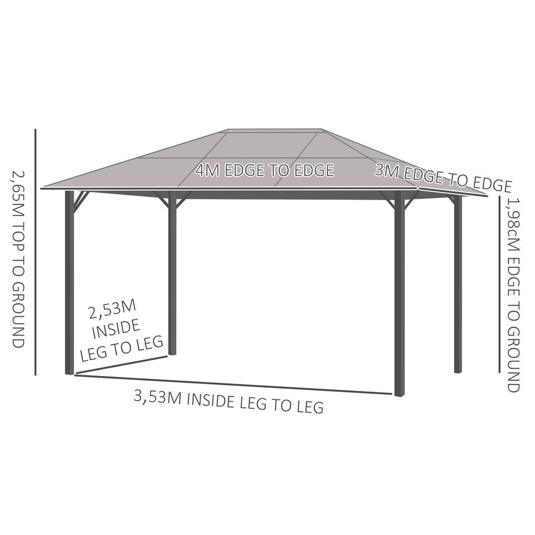 Solrig pavillon med polycarbonattag, gardiner med fluenet, aluminiumsramme, mørkegrå, 3 x 4 x 2,6 m