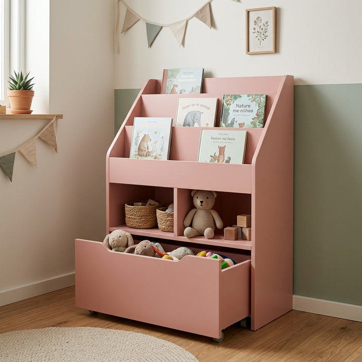 Børnereol i pink med bogdisplay på børneværelse