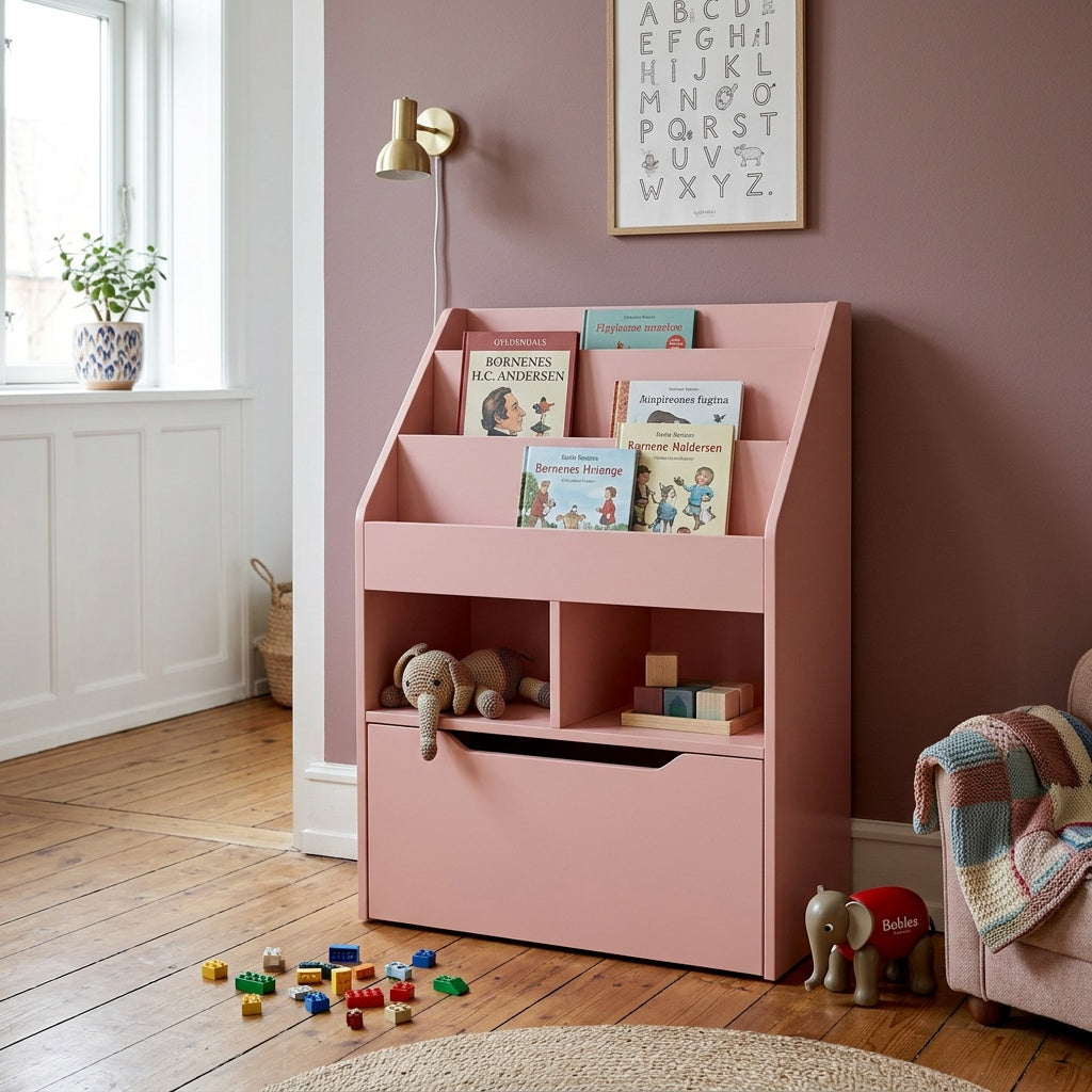Pink børnereol set forfra