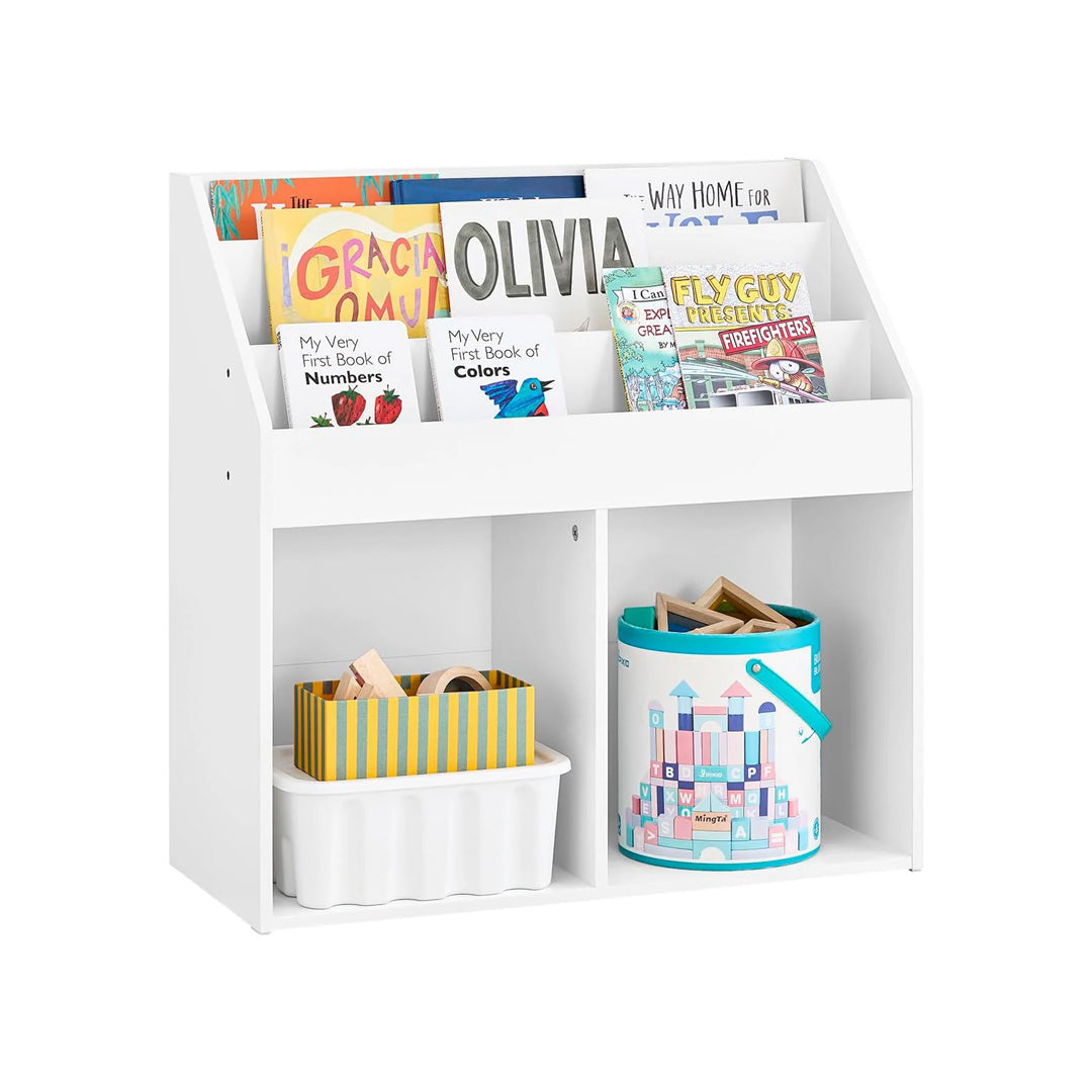 Bogreol Montessori til børn, 3 opbevaringsrum og 2 åbne rum til opbevaring af legetøj, 68 x 68 x 30 cm, hvid