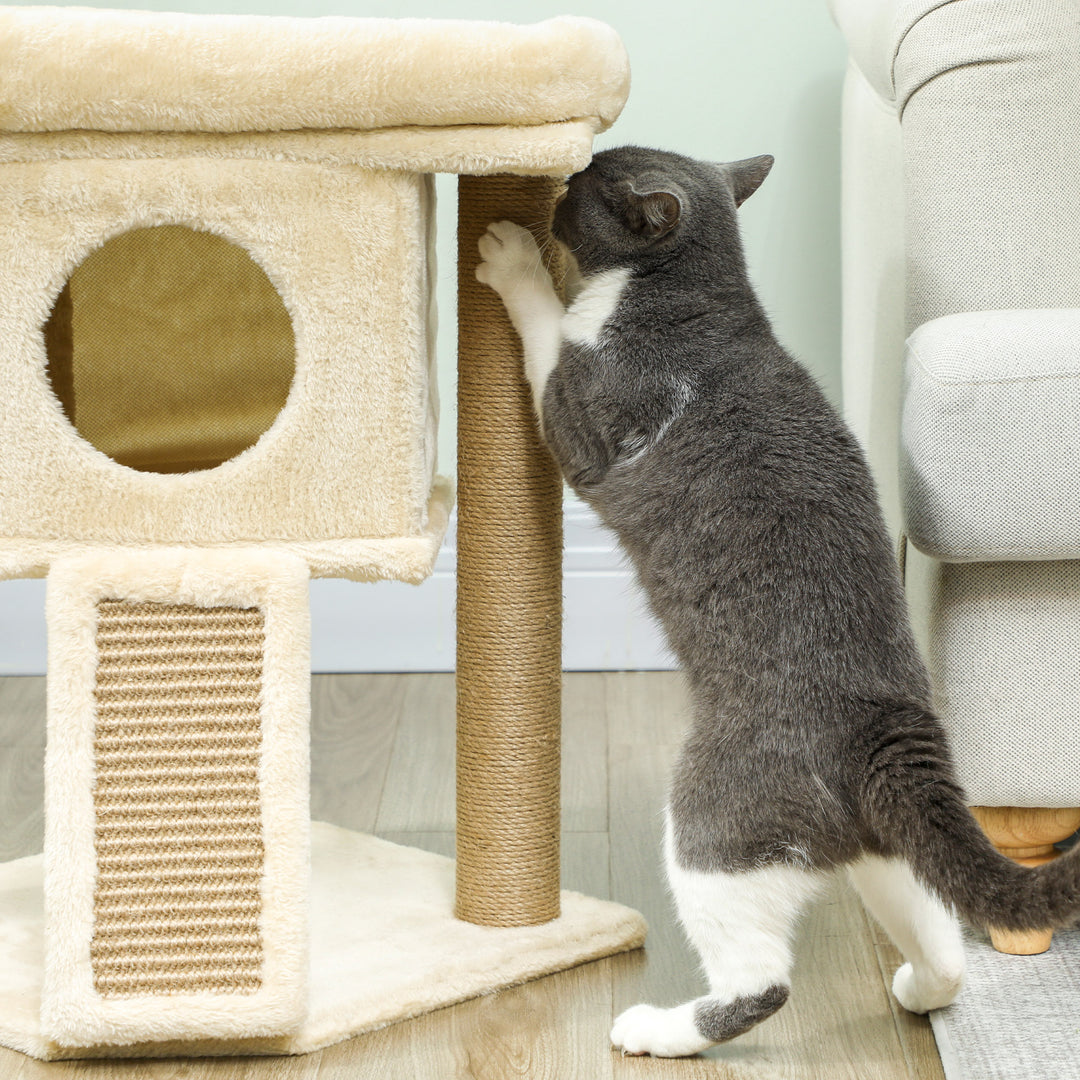 Kradsetræ med jute kradsemåtte, hvileplatform, legebold, kattehus, beige, 40 x 40 x 57 cm