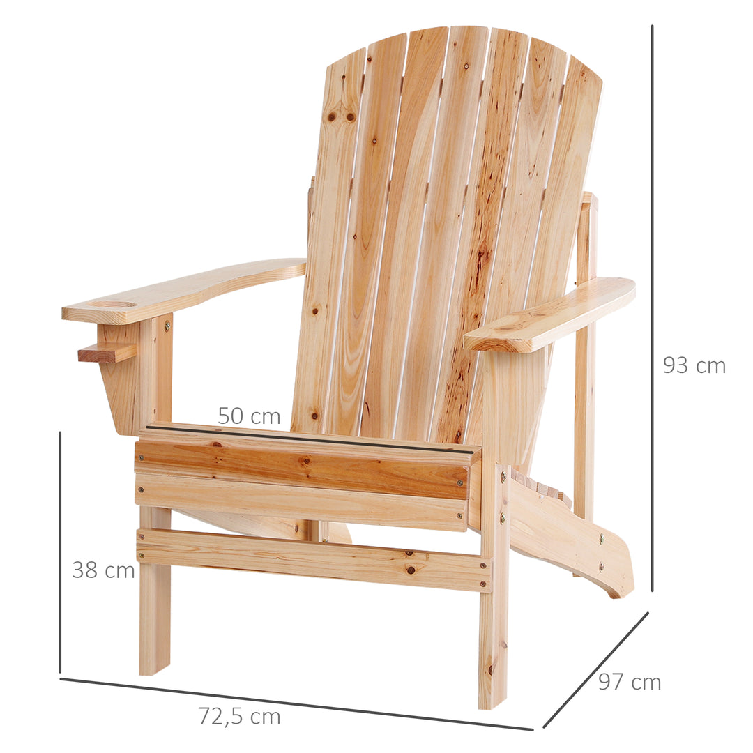 Adirondack havestol med kopholder, haveliggestol, balkonstol, massivt træ, naturlig finish, 72,5 x 97 x 93 cm