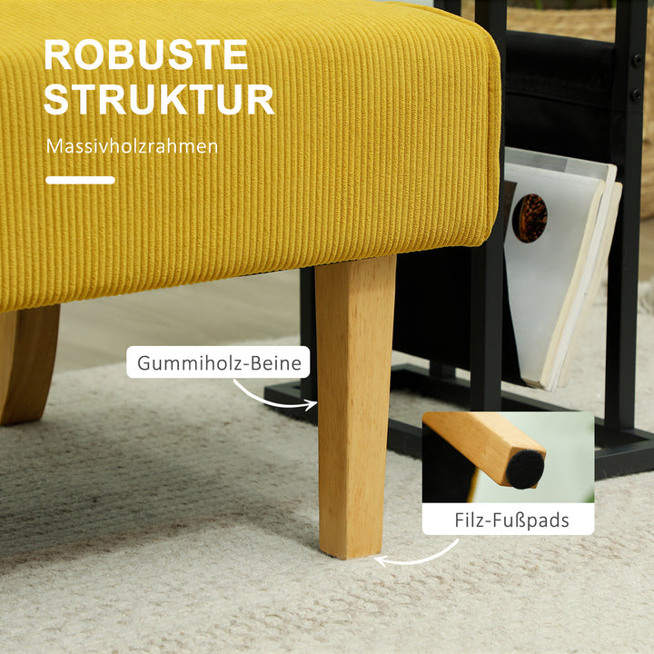 To-personers sofa med fløjlsbetræk, tyk polstring og massive træben til stue, soveværelse, kontor, gul