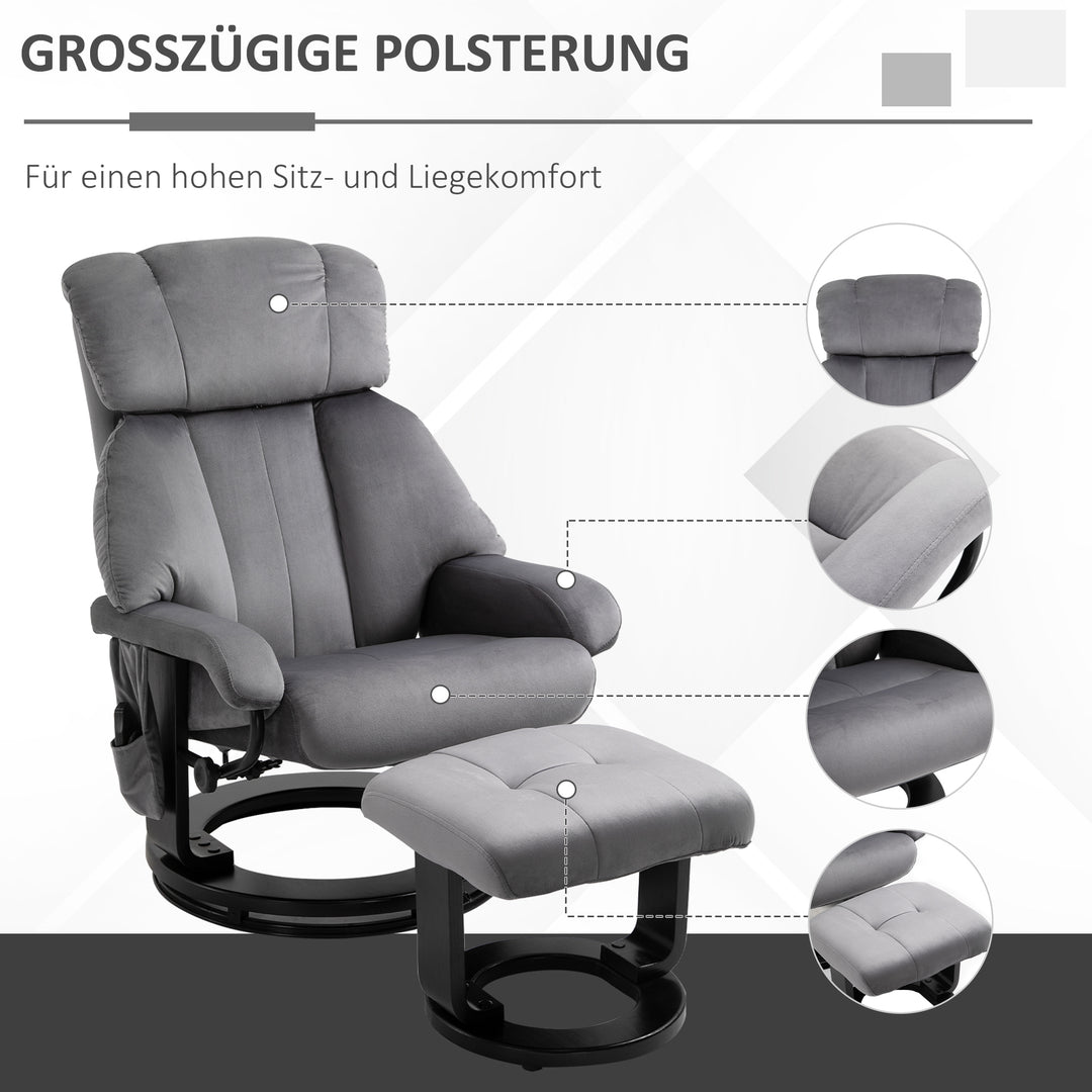 Lænestol med fodskammel, drejelig TV-lænestol med vibrationsmassage, lænefunktion, massagestol med sidelomme, fløjlslook loungestol til stuen, grå