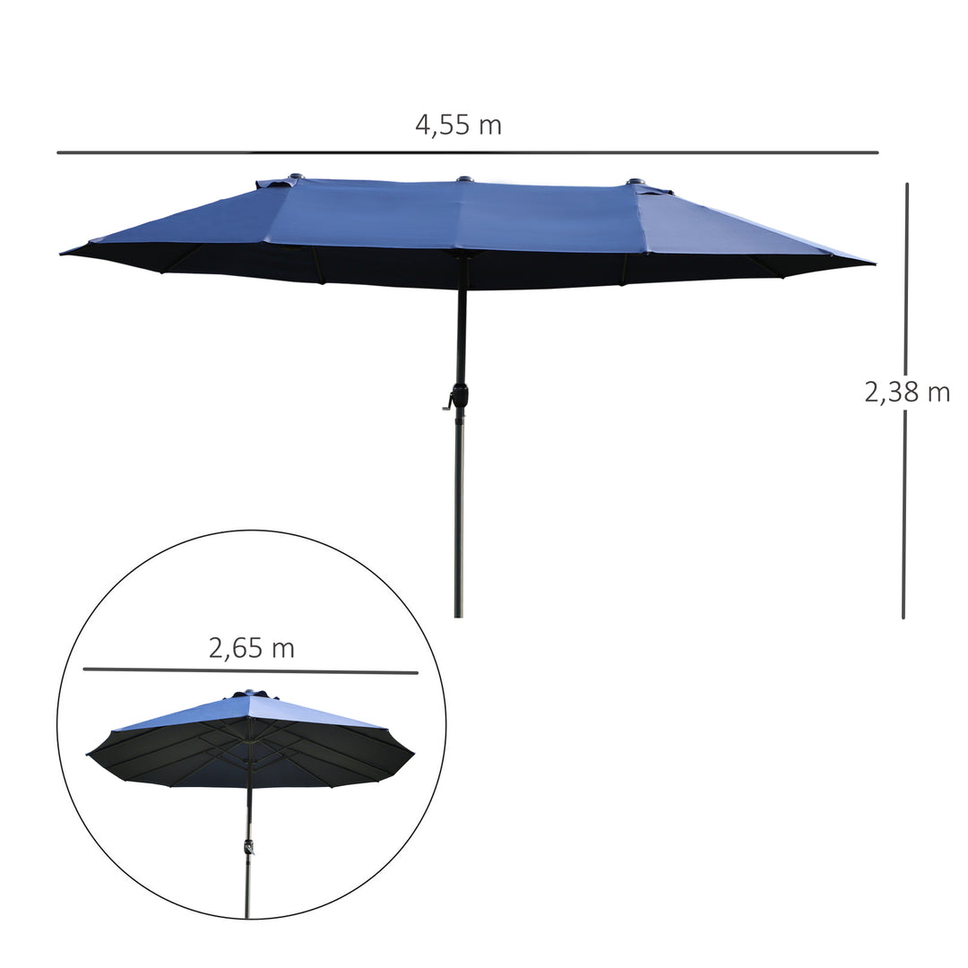 Dobbeltparasol 455 x 270 cm haveparasol med håndsving oval stabil metalstang markedsparasol dobbeltparasol terrasseparasol solbeskyttelse til strand balkon terrasse have blå
