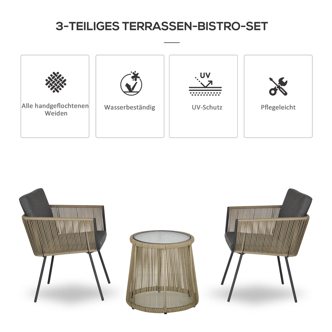 3-delt siddesæt, 2 stole, sidebord, sæde- og ryghynder, bordplade af hærdet glas, syntetisk rattan, grå