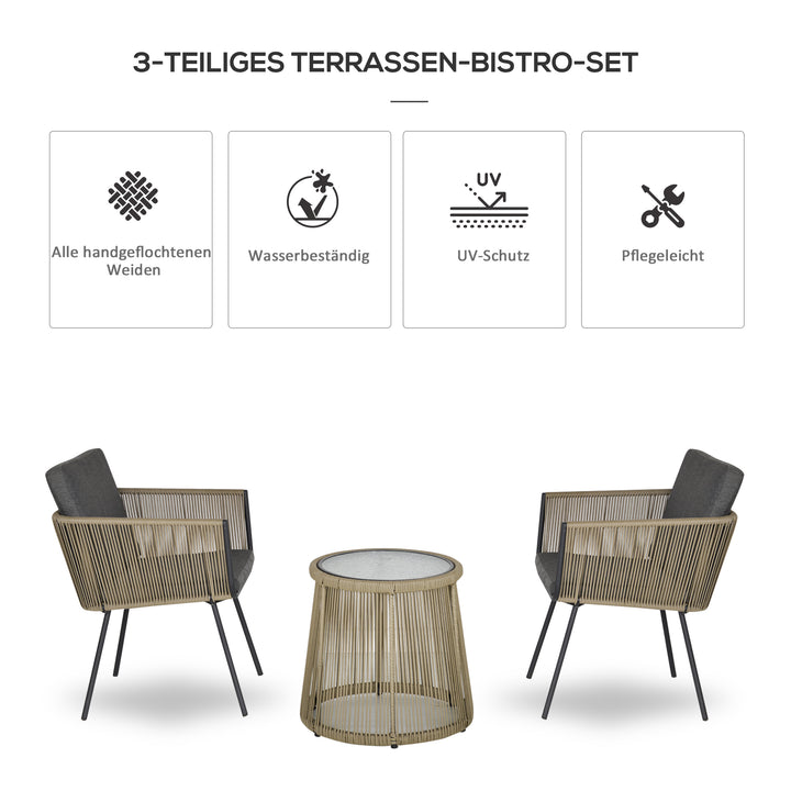 3-delt siddesæt, 2 stole, sidebord, sæde- og ryghynder, bordplade af hærdet glas, syntetisk rattan, grå