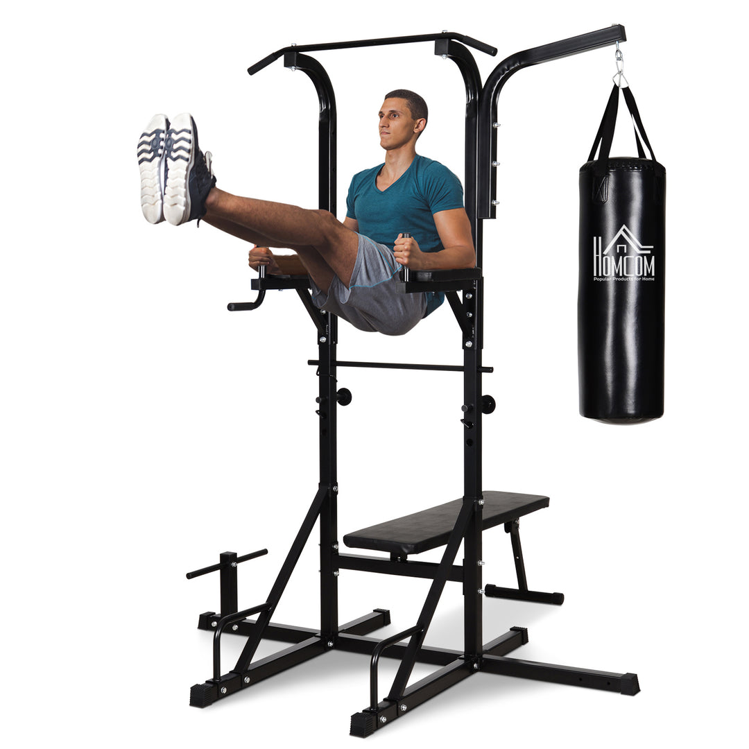 Power station med pull-up bar, multifunktionel dip station, hjemmetræningsudstyr, med boksesæk, fitness, stål, sort, 180 x 183 x 219 cm