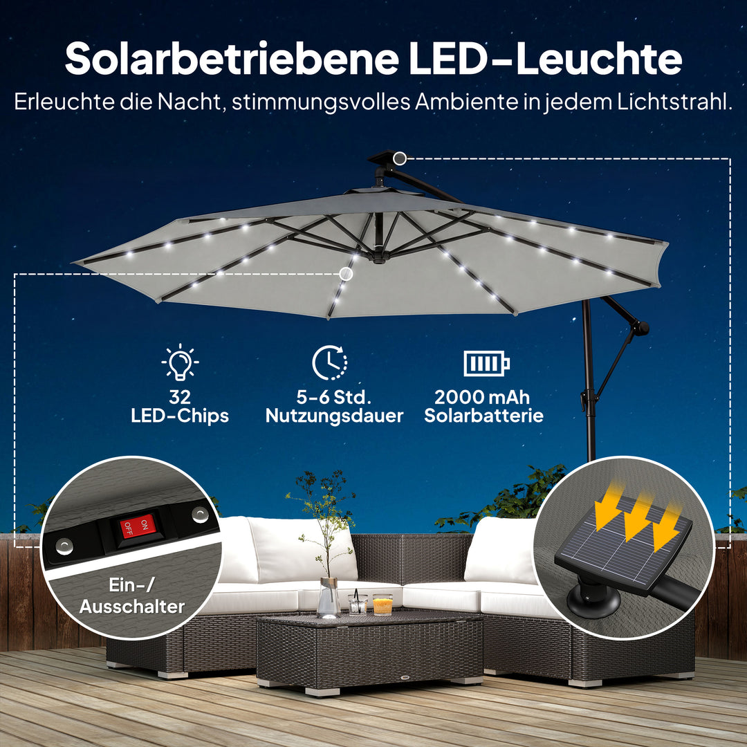 LED solcelledrevet parasol, ca. Ø300 cm, drejelig, med håndsving, beskyttelsesovertræk, lysegrå