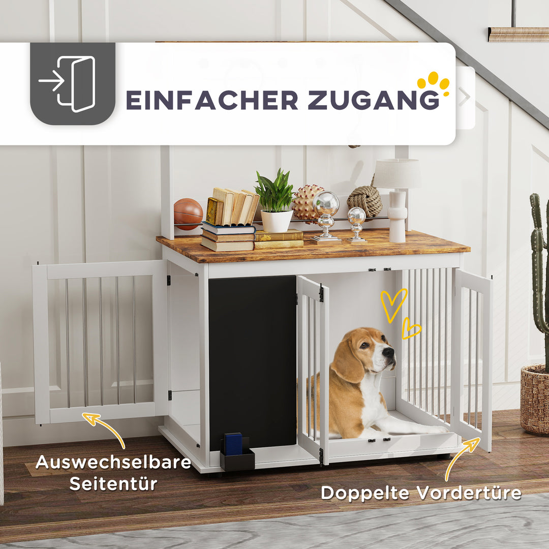 Hundebur med legetøjsopbevaringshylde, snorkrog, skrivetavle, viskelæder, til store hunde, hvid