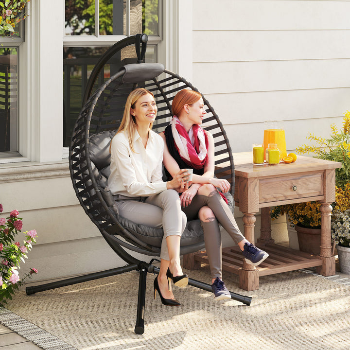 Hængestol med ramme, ægformet hængegynge med bløde sædehynder, grå