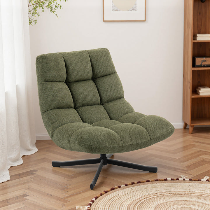 Drejelig loungestol med bredt sæde, vandafvisende chenille-look, krydsede stålben, grøn