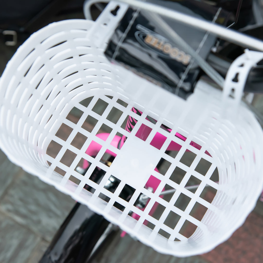 Børneløbehjul med bremse, inkl. kurv, højdejusterbar, til børn fra 5 til 12 år, hvid + lyserød