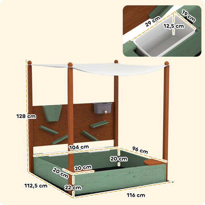 Sandkasse med soltag til børn, 2 opbevaringsbeholdere, 116l x 112,5b x 128h cm, grantræ, plastik, grøn