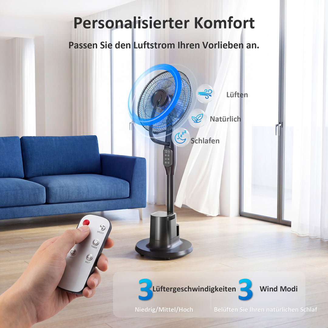 Stående ventilator med dugfunktion, 70° oscillation, 3 hastigheder, 3 tilstande, 3,5L vandtank, sort