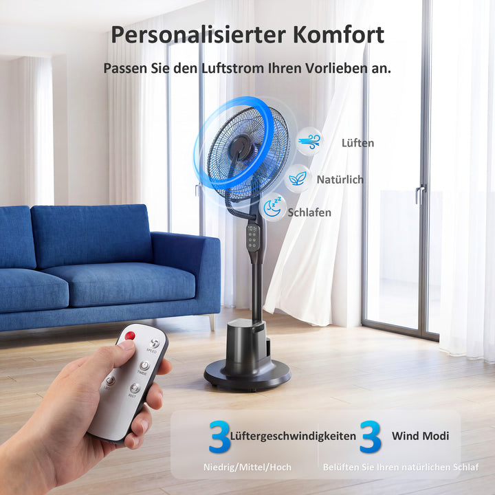 Stående ventilator med dugfunktion, 70° oscillation, 3 hastigheder, 3 tilstande, 3,5L vandtank, sort