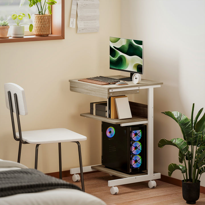 Skrivebord med rullebord og hylder, 4 hjul, kompakt, spånplade, metal