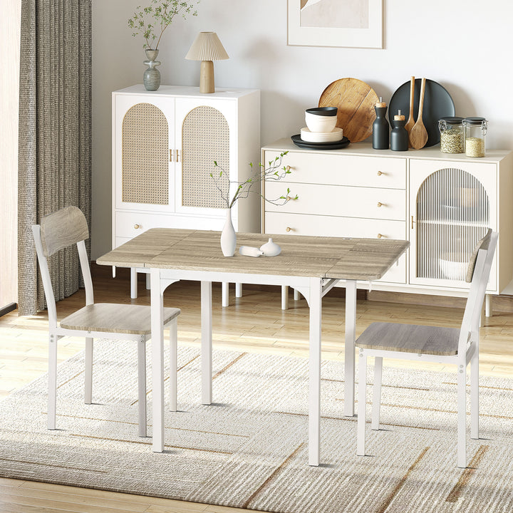 2-delt siddesæt, foldbart spisebord med 2 stole, klapbord, 110 cm x 70 cm x 75 cm, hvid + natur