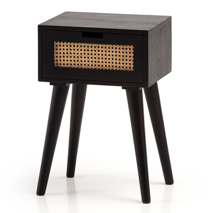 Minimalistisk sengebord i massivt træ / rattan 40x60x30 cm, sort og brun