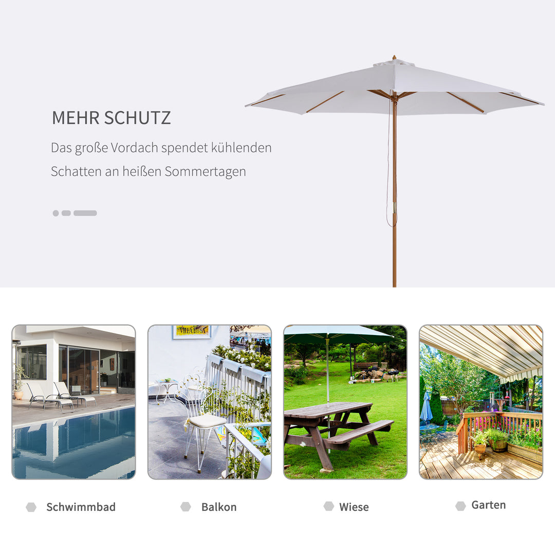 Parasol Ø 300 cm, parasol med UV-beskyttelse, træparasol til balkon, stabil strandparasol, markedsparasol, solbeskyttelse til strand, terrasse, have, hvid