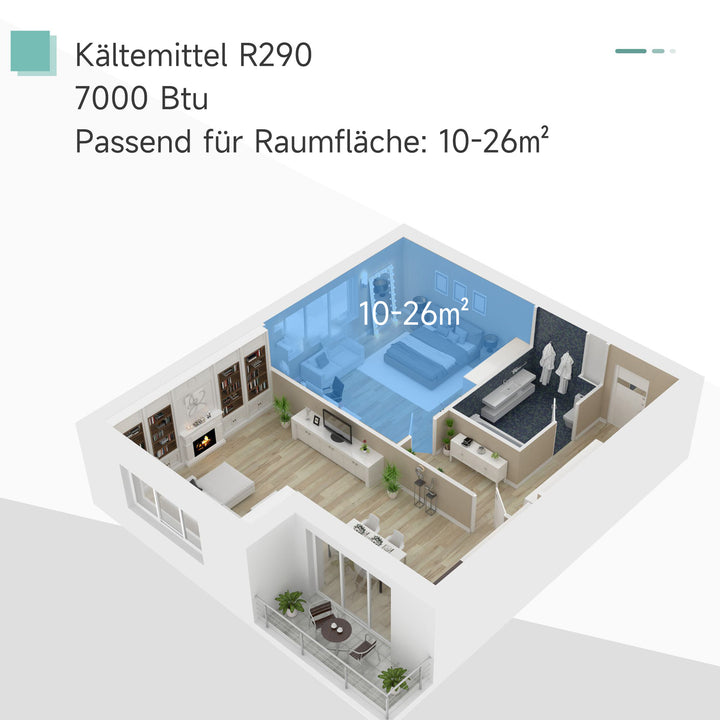 Bærbart klimaanlæg, 7000 BTU 3-i-1 enhed - køling, affugtning og ventilation - affugter, ventilator, med fjernbetjening, 24-timers timer, 2 hastighedsindstillinger, til 10-26 m², hvid