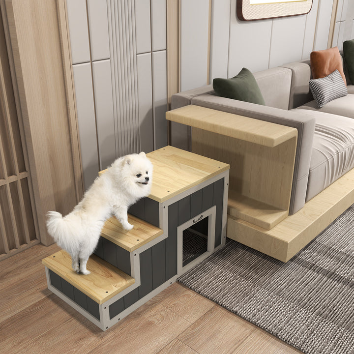 Kæledyrstrappe hundetrappe, 3 trin, fyrretræ, 79 cm x 38,5 cm x 45 cm, naturlig + hvid