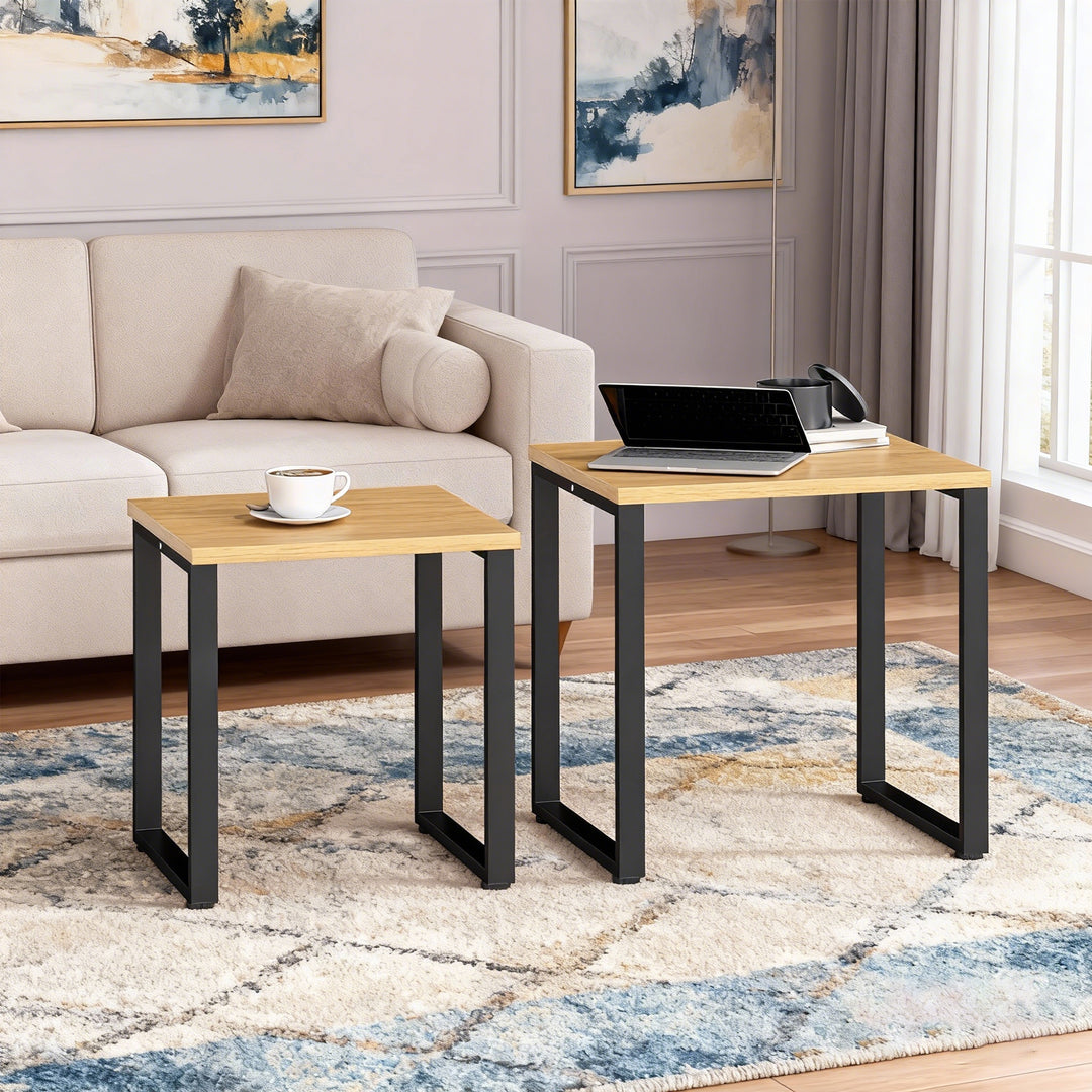 Sofabordsæt med 2, stuebord med metalstel til stuen, naturlig finish