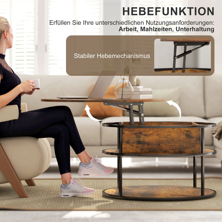 rundt sofabord med løftebar top, opbevaring, sidehylder, stålstel, sofabord, brunt