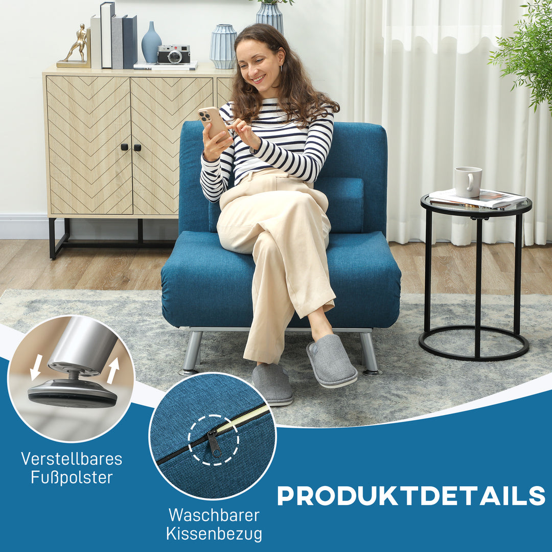 Klapstol med sengefunktion, foldbar afslapningsstol i linnedlook, justerbar ryglæn, 75 x 70 x 75 cm, blå