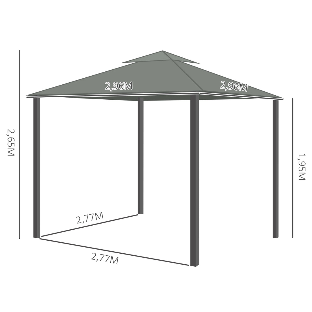 Havepavillon, 2,96 x 2,96 m, havetelt med dobbelttag, partytelt, festtelt med 4 sidepaneler, myggenet, vejrbestandig, aluminium, polyester, mørkegrå