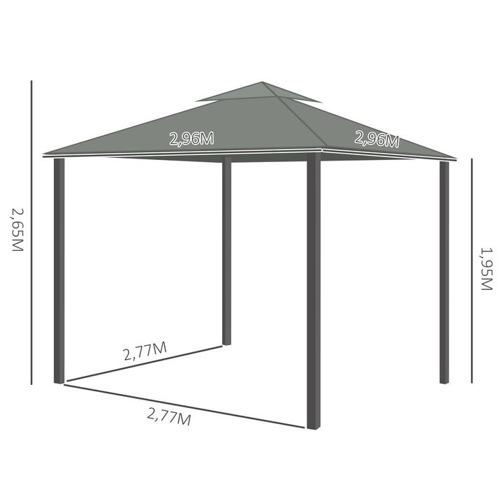 Havepavillon, 2,96 x 2,96 m, havetelt med dobbelttag, partytelt, festtelt med 4 sidepaneler, myggenet, vejrbestandig, aluminium, polyester, mørkegrå