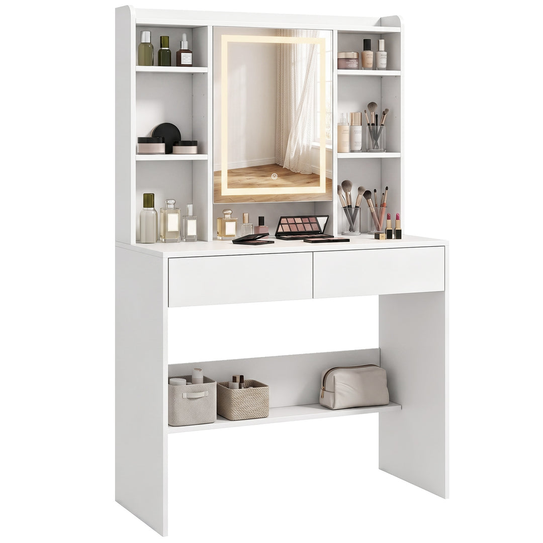Toiletbord med spejlskab, LED-belysning, 2 skuffer, hvid