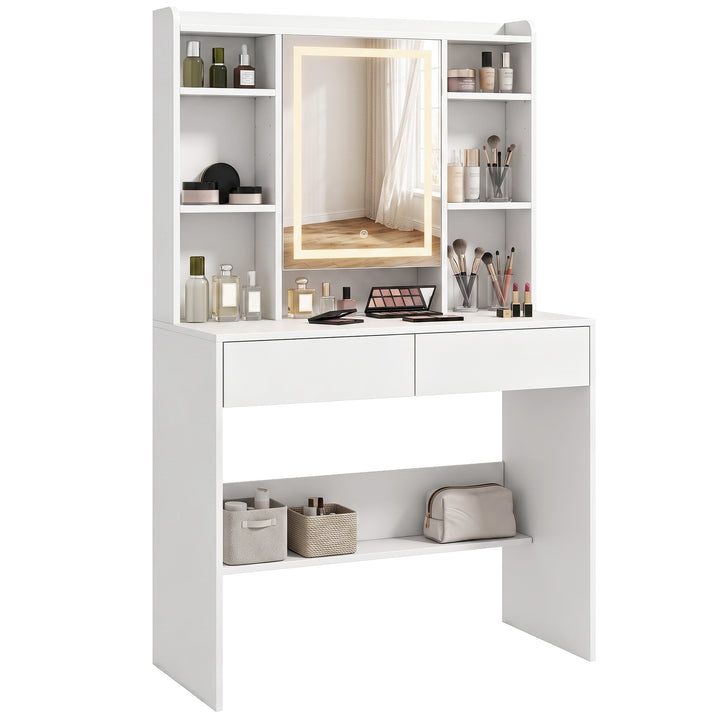 Toiletbord med spejlskab, LED-belysning, 2 skuffer, hvid