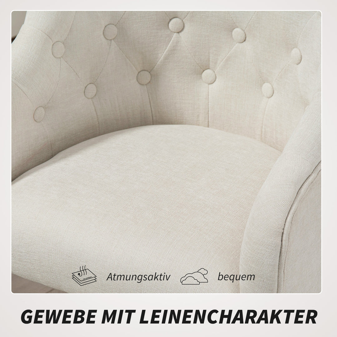 Polstret kontorstol, skrivebordsstol i hørlook, guldben, højdejusterbar, beige