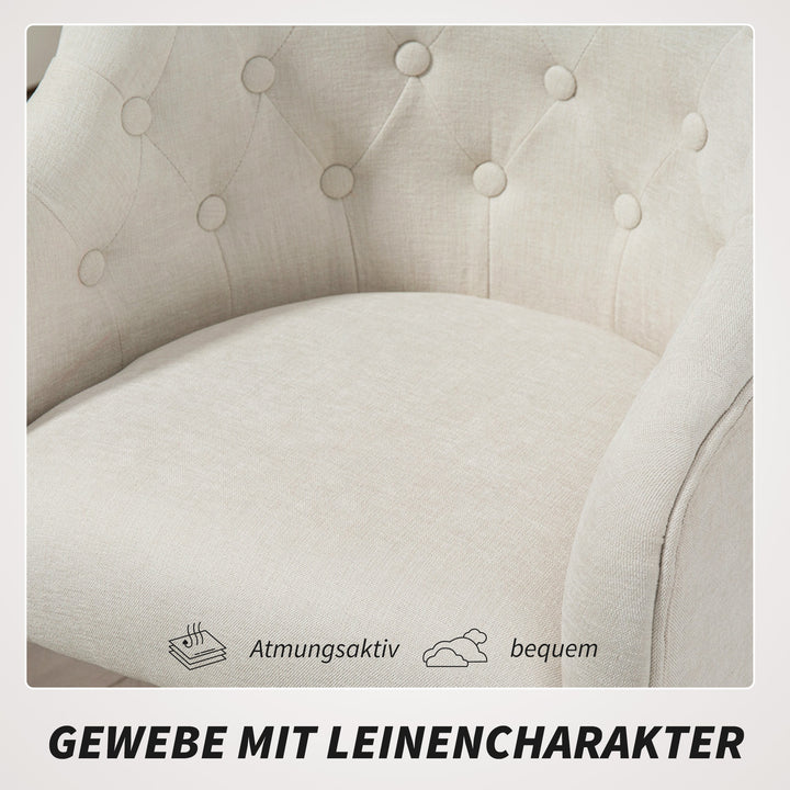 Polstret kontorstol, skrivebordsstol i hørlook, guldben, højdejusterbar, beige