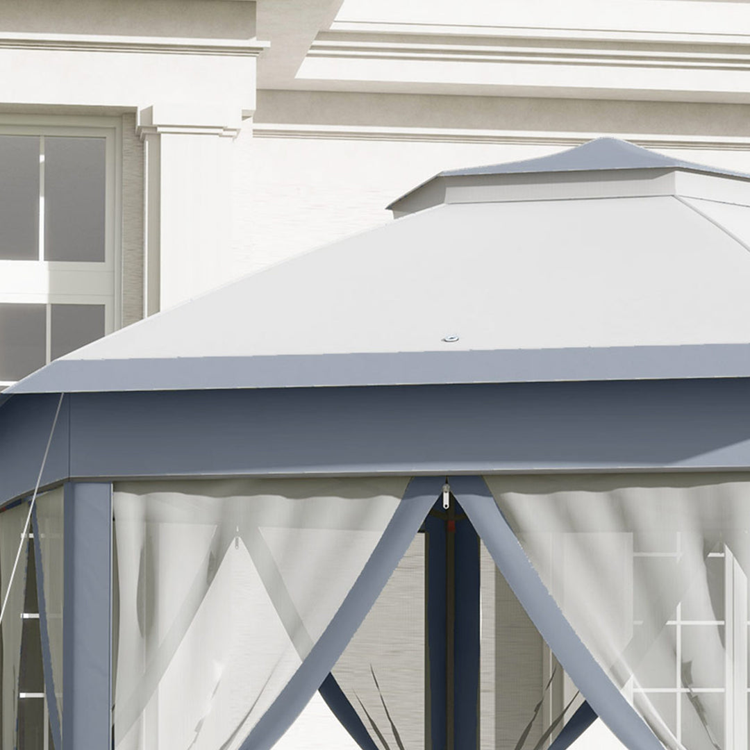 Foldbart pavillon 4 x 4m sekskantet design, netgardiner, vandafvisende, ventileret tag til grill, grå og hvid