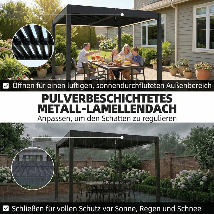 Pergola 3x3 m terrassetag i aluminium med LED-belysning, fjernbetjening, justerbart lameltag