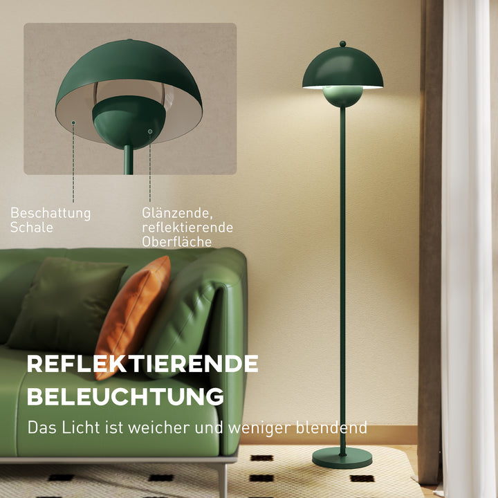 Gulvlampe, rund skærm, fodkontakt, lang kabel, elegant look, stål, grøn