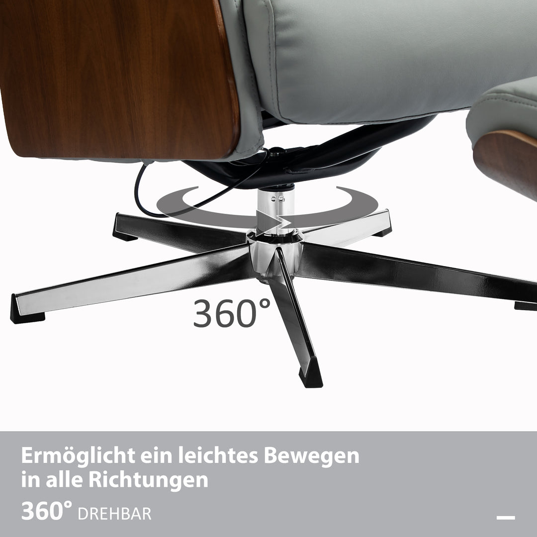 Lænestol med fodskammel, lænefunktion, drejefunktion, læderlook, op til 150 kg, lysegrå