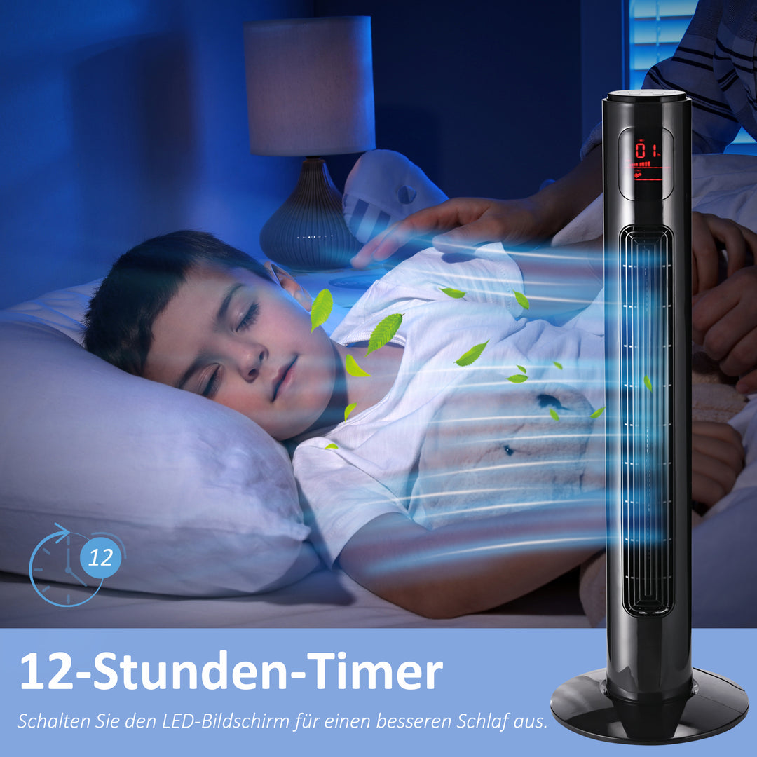 70° oscillerende tårnventilator med fjernbetjening, 3 tilstande, 3 hastigheder, timer, 32 x 32 x 96 cm, sort