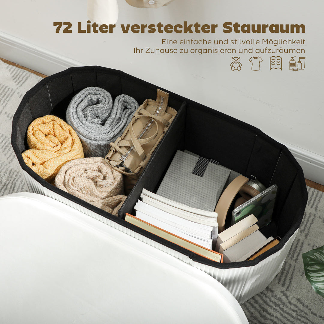 Sammenklappelig opbevaringsbænk med fløjlslook, egnet til stue, 76 x 38 x 35 cm, cremefarvet