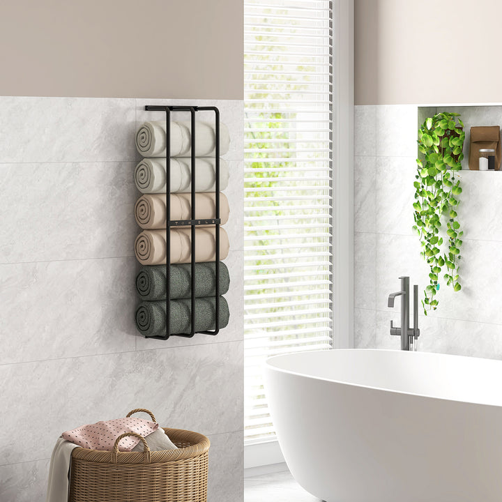 Håndklædeholder, vægbeslag til 6 store håndklæder, metal, 21 x 12 x 74 cm, sort
