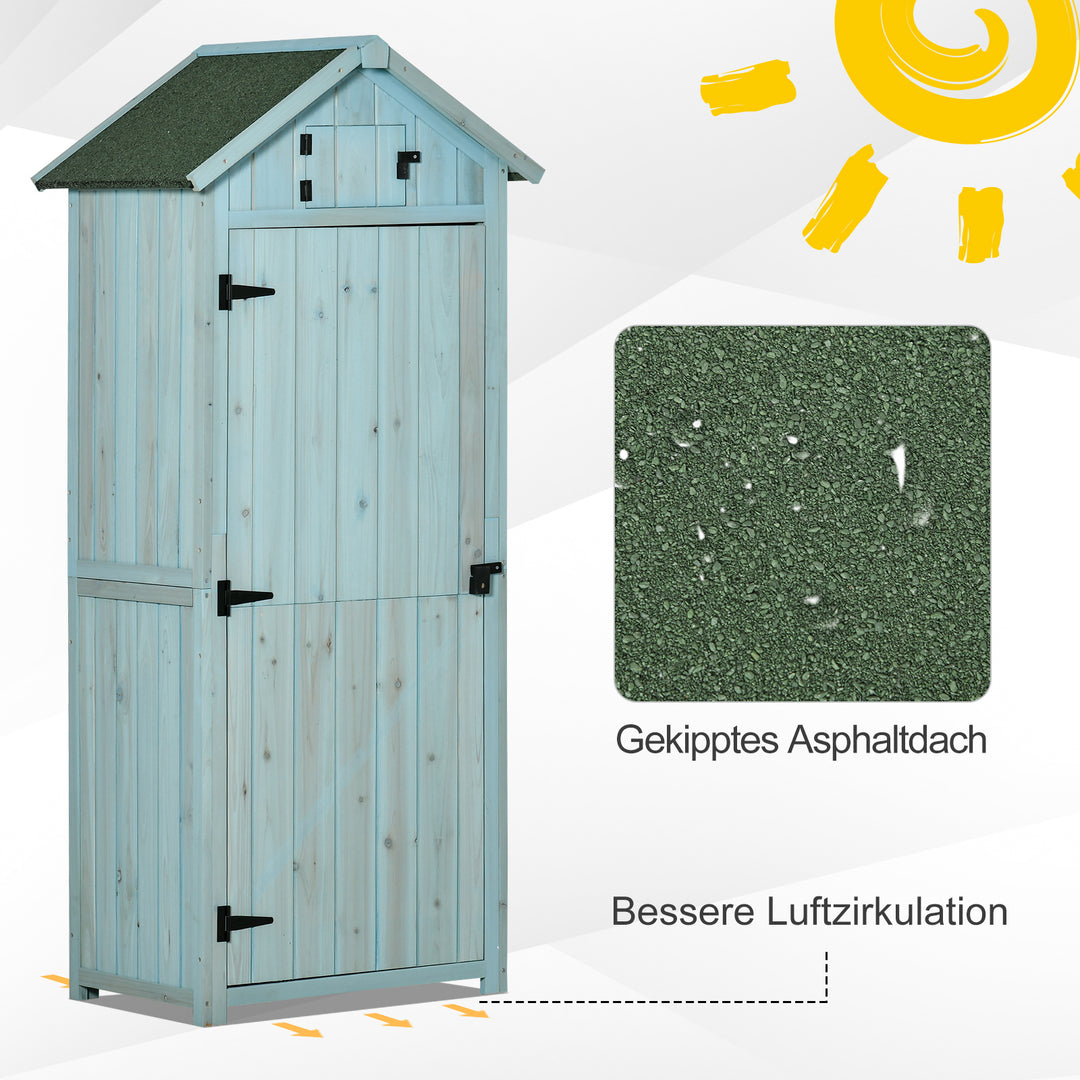Træskur, vejrbestandigt redskabsskur 77x54,2x179cm, havehus med dør, skråtag, redskabsskab med hylder, redskabsskur til haven, terrasse, lyseblå+grøn