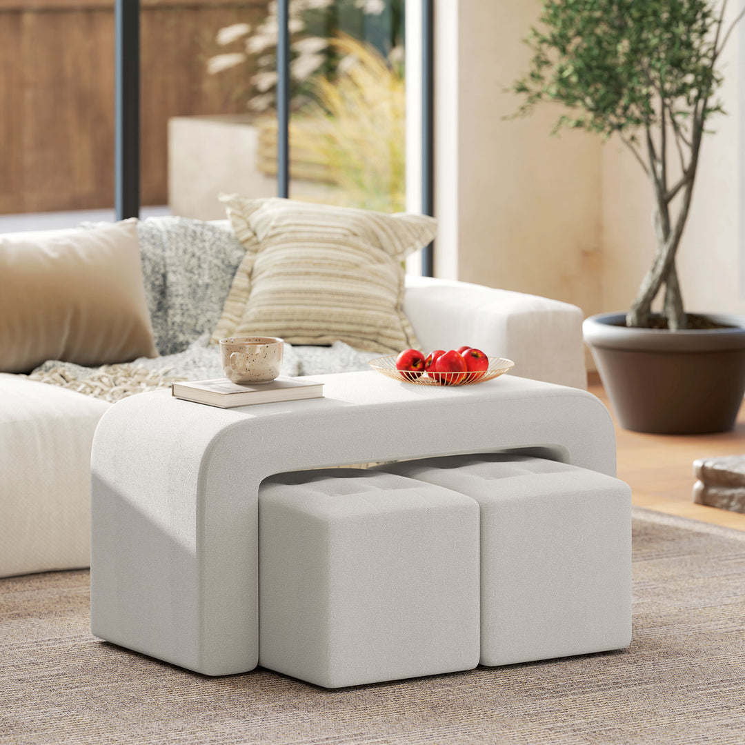 Fodskammelsæt 3-delt fodskammel med knapsøm, 89 cm x 42,5 cm x 45 cm, cremefarvet