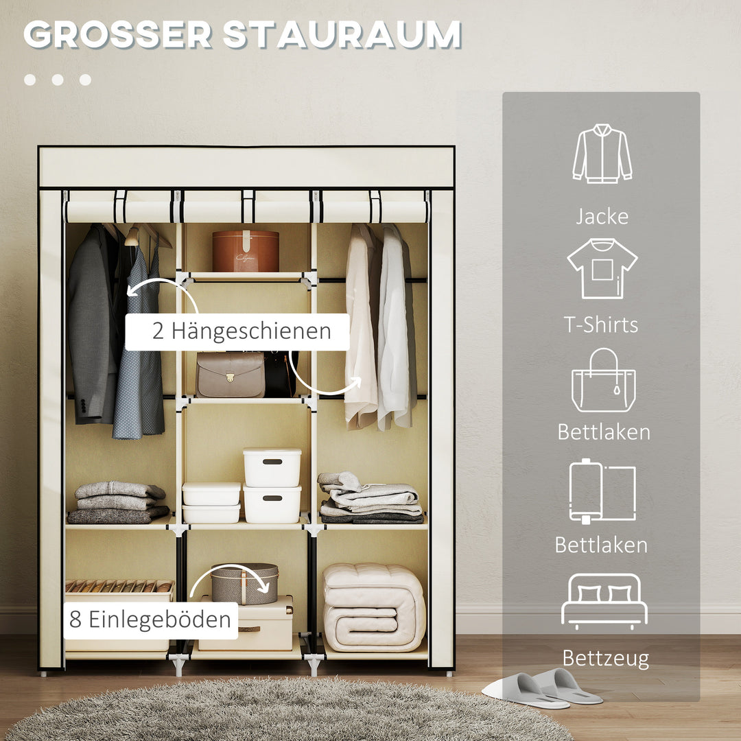 Stofgarderobe, opbevaringsløsning, 8 hylder, 2 tøjstativer, cremehvid